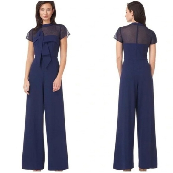 🔹️JS Collections🔹️ Navy Blue Stretch Crepe  Illusion Bow Jumpsuit - Picture 1 of 4